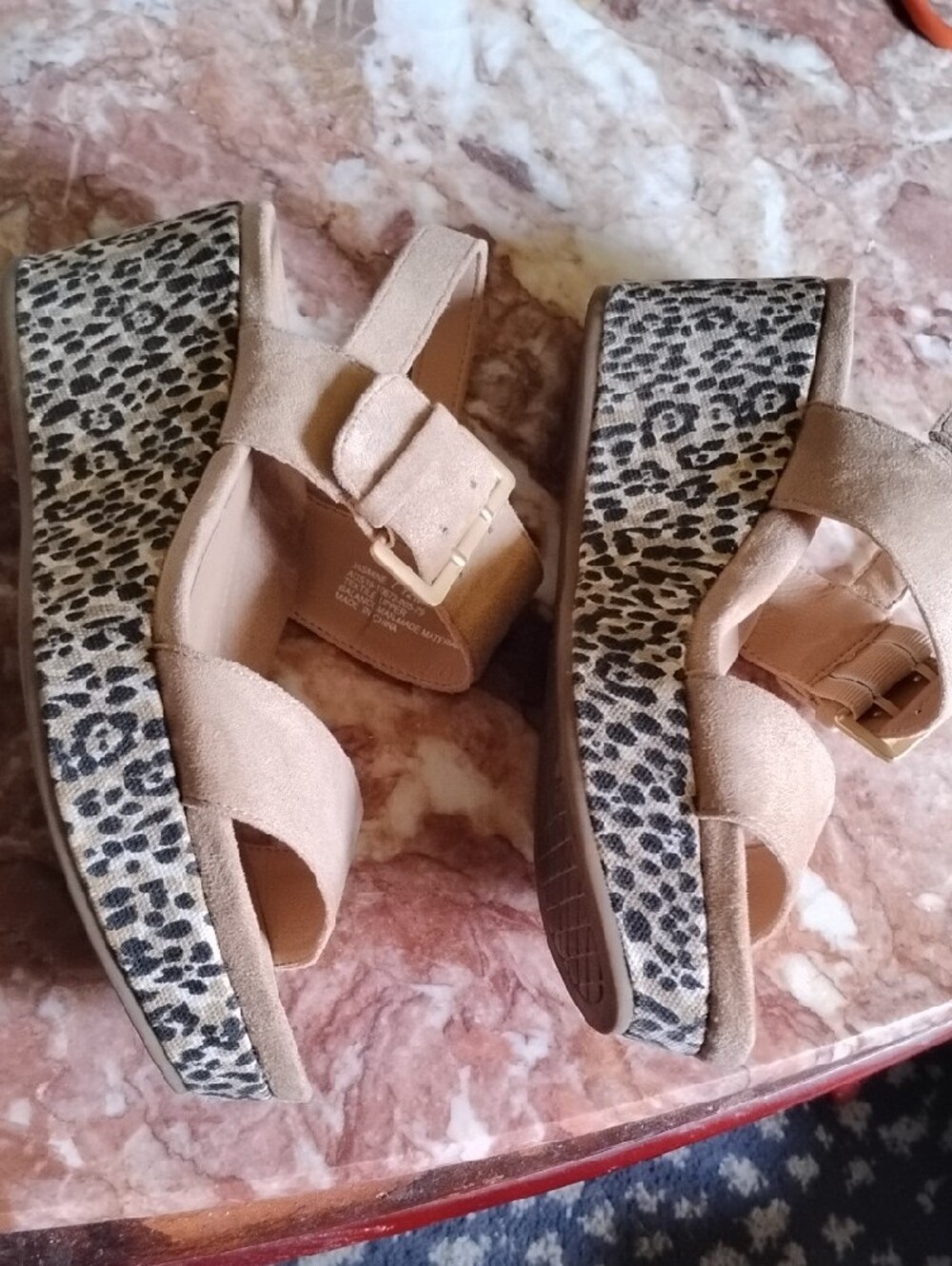 Andrew Geller Beige Suede Platform Sandals with Leopard Wedge
